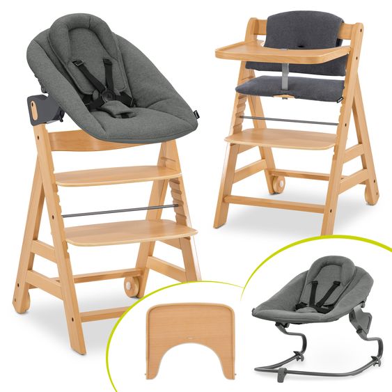 Hauck 5-tlg. Alpha Move Newborn Set - Hochstuhl + Bouncer 2in1 + Essbrett + Hochstuhlauflage Deluxe - Natur