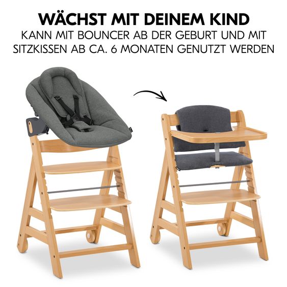 Hauck 5-tlg. Alpha Move Newborn Set - Hochstuhl + Bouncer 2in1 + Essbrett + Hochstuhlauflage Deluxe - Natur