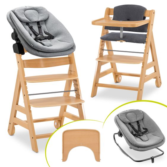 Hauck Set Newborn Alpha Move 5 pz. Seggiolone + Dondolo 2in1 in Dark Grey Melange + Tavoletta per Pappe + Cuscino Deluxe Jersey in Charcoal - Naturale