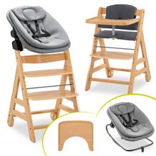 5-tlg. Alpha Move Newborn Set Hochstuhl + Bouncer 2in1 in Dark Grey Melange + Essbrett + Sitzkissen Deluxe Jersey in Charcoal - Natur
