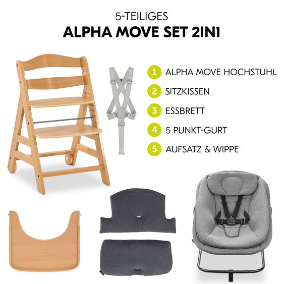 Hauck Set Newborn Alpha Move 5 pz. Seggiolone + Dondolo 2in1 in Dark Grey Melange + Tavoletta per Pappe + Cuscino Deluxe Jersey in Charcoal - Naturale