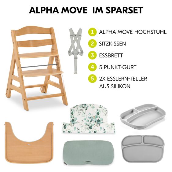 Hauck 5-pc Alpha Move Saver Set - High Chair + Tray + Seat Cushion Leaves Mint + 2x Silicone Plates - Nature