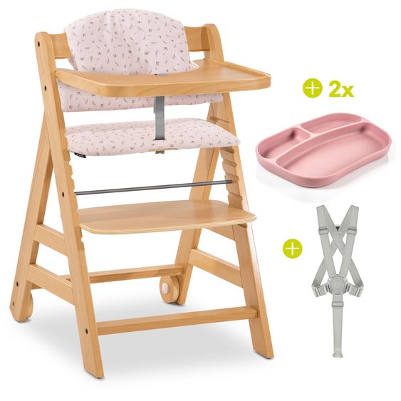 Hauck 5-pc Alpha Move Saver Set - in the value set incl. feeding board + seat cushion Flowers Rose + 2x silicone plates - Nature
