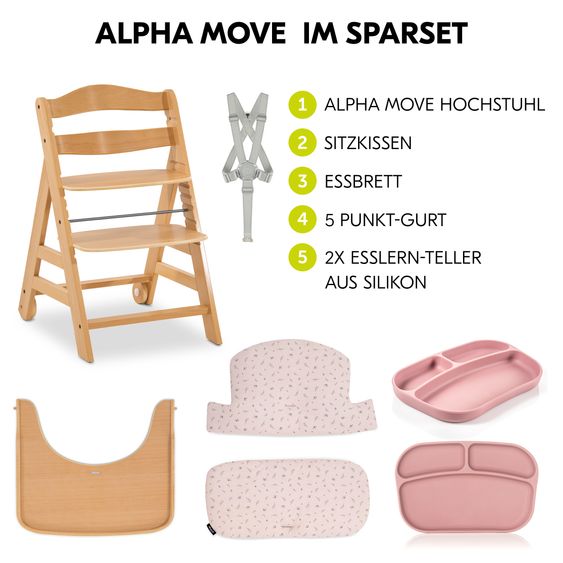 Hauck 5-pc Alpha Move Saver Set - in the value set incl. feeding board + seat cushion Flowers Rose + 2x silicone plates - Nature