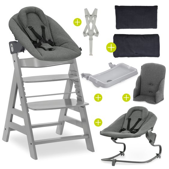 Hauck Set Newborn Alpha Plus 5 pz. - Seggiolone + Dondolo 2in1 Premium in Dark Grey + Alpha Tray Tavoletta per Pasti + Riduttore in Jersey Charcoal + Cuscino per Seduta in Melange Charcoal - Grigio