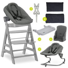 Set Newborn Alpha Plus 5 pz. - Seggiolone + Dondolo 2in1 Premium in Dark Grey + Alpha Tray Tavoletta per Pasti + Riduttore in Jersey Charcoal + Cuscino per Seduta in Melange Charcoal - Grigio