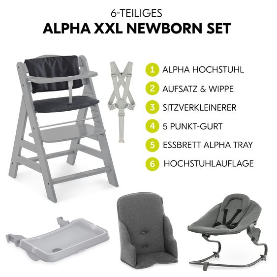 Hauck Set Newborn Alpha Plus 5 pz. - Seggiolone + Dondolo 2in1 Premium in Dark Grey + Alpha Tray Tavoletta per Pasti + Riduttore in Jersey Charcoal + Cuscino per Seduta in Melange Charcoal - Grigio