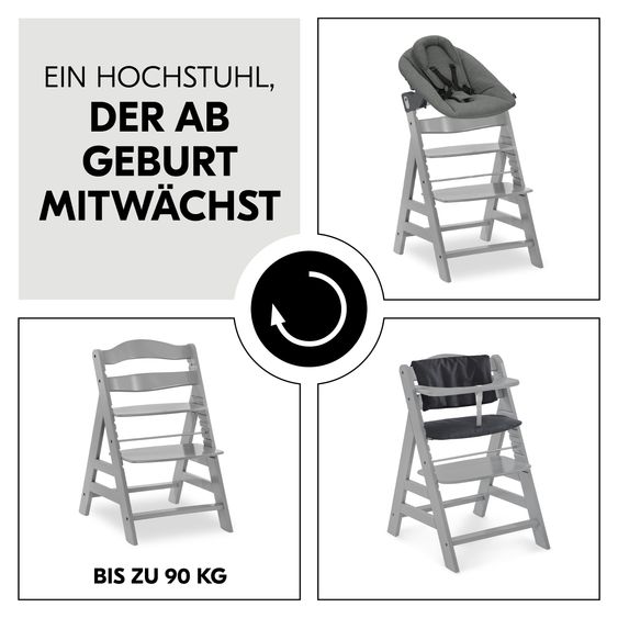 Hauck Set Newborn Alpha Plus 5 pz. - Seggiolone + Dondolo 2in1 Premium in Dark Grey + Alpha Tray Tavoletta per Pasti + Riduttore in Jersey Charcoal + Cuscino per Seduta in Melange Charcoal - Grigio