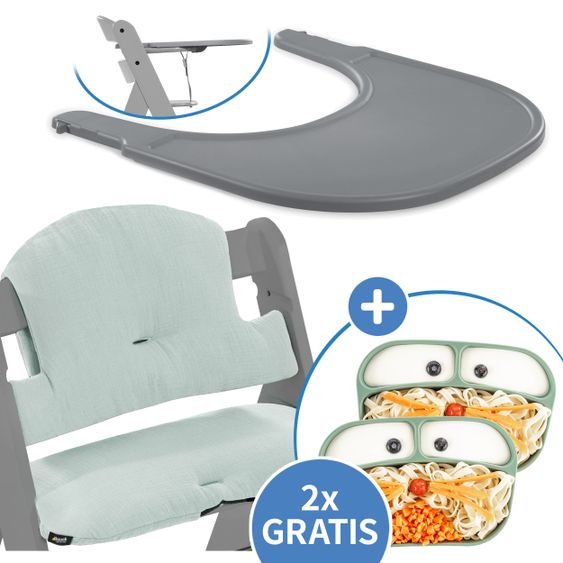 Hauck 5-tlg. Essbrett-Set für Alpha Plus - Click Tray + Sitzkissen + GRATIS 2x Silikon-Teller - Grey Muslin Mint