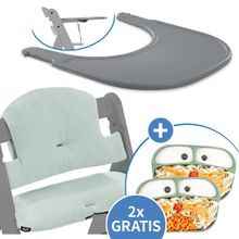 5-piece Dining Board Set for Alpha Plus - Click Tray + Seat Cushion + FREE 2x Silicone Plates - Grey Muslin Mint