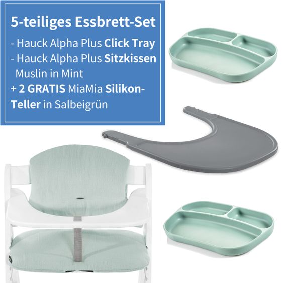 Hauck 5-tlg. Essbrett-Set für Alpha Plus - Click Tray + Sitzkissen + GRATIS 2x Silikon-Teller - Grey Muslin Mint