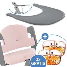 Set di tavoli da pranzo da 5 pezzi per Alpha Plus - Vassoio a scatto + cuscino per la seduta + 2x piatti in silicone in omaggio - Rosa mussola grigia