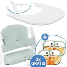 5-piece Alpha Plus Dining Board Set - Click Tray + Seat Cushion + FREE 2x Silicone Plates - White Muslin Mint