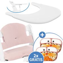 5-tlg. Essbrett-Set für Alpha Plus - Click Tray + Sitzkissen + GRATIS 2x Silikon-Teller - White Muslin Rose