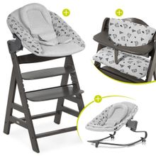 Alpha Charcoal Select Newborn Set - 4-tlg. Hochstuhl + Aufsatz & Wippe Premium (verstellbar) Nordic Grey + Sitzpolster