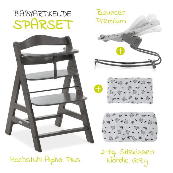 Hauck Alpha Charcoal Select Newborn Set - 4-tlg. Hochstuhl + Aufsatz & Wippe Premium (verstellbar) Nordic Grey + Sitzpolster