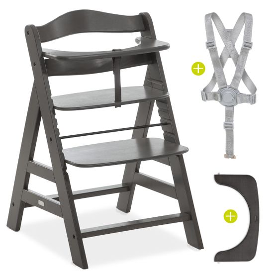 Hauck Alpha Charcoal Select Newborn Set - 4-tlg. Hochstuhl + Aufsatz & Wippe Premium (verstellbar) Nordic Grey + Sitzpolster