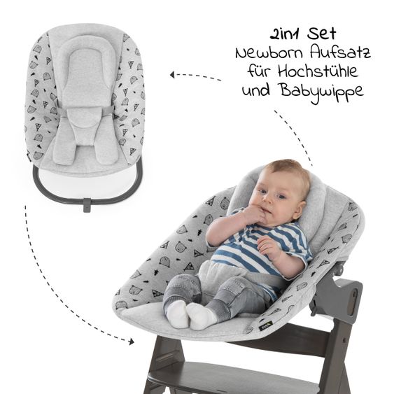 Hauck Alpha Charcoal Select Newborn Set - 4-tlg. Hochstuhl + Aufsatz & Wippe Premium (verstellbar) Nordic Grey + Sitzpolster