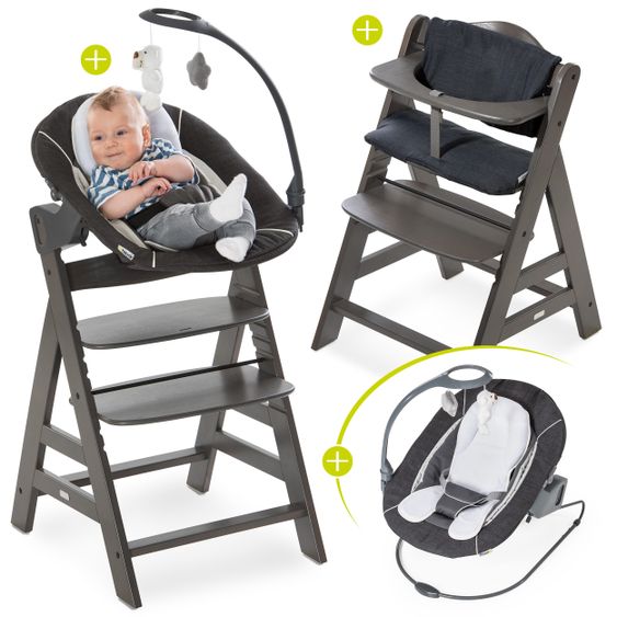 Hauck Alpha Charcoal Selectline Newborn Set Deluxe - 4-tlg. Hochstuhl + 2in1 Neugeborenenaufsatz (verstellbar) + Sitzpolster