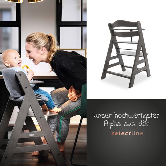 Hauck Alpha Charcoal Selectline Newborn Set Deluxe - 4-tlg. Hochstuhl + 2in1 Neugeborenenaufsatz (verstellbar) + Sitzpolster