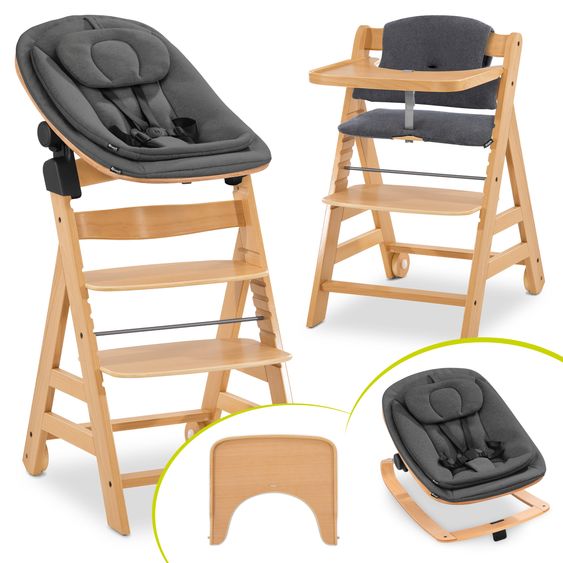 Hauck Alpha Move Set Nouveau-Né 5 Pièces - Chaise Haute + Adaptateur & Transat Eco + Plateau Repas + Coussin Dossier Deluxe - Gris Foncé - Nature