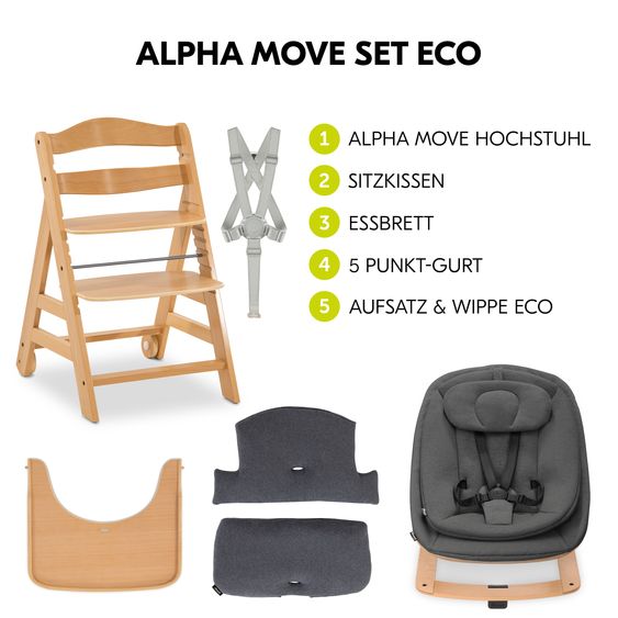 Hauck Alpha Move Set Nouveau-Né 5 Pièces - Chaise Haute + Adaptateur & Transat Eco + Plateau Repas + Coussin Dossier Deluxe - Gris Foncé - Nature