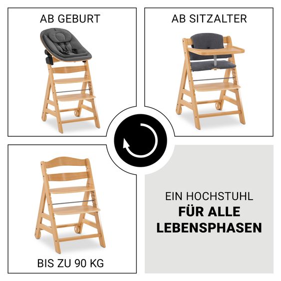 Hauck Alpha Move Set Nouveau-Né 5 Pièces - Chaise Haute + Adaptateur & Transat Eco + Plateau Repas + Coussin Dossier Deluxe - Gris Foncé - Nature