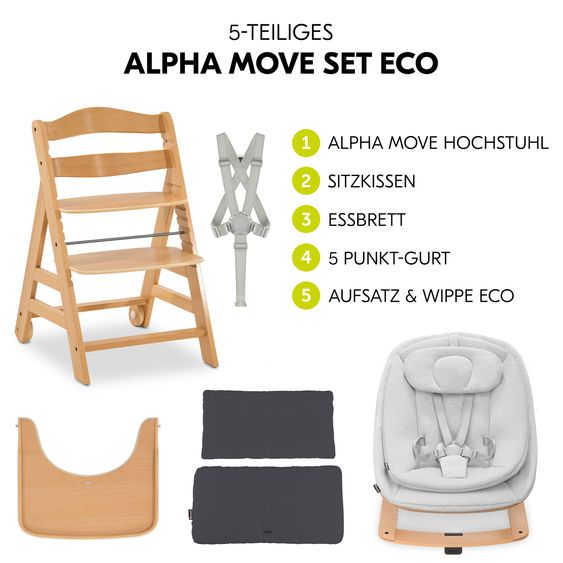Hauck Alpha Move 5-tlg. Newborn Set - Hochstuhl + Aufsatz & Wippe Eco + Essbrett + Sitzkissen Deluxe - Light Grey - Natur