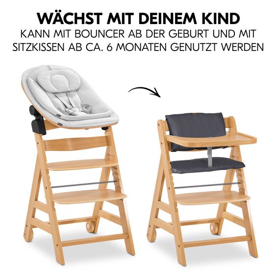 Hauck Alpha Move 5-tlg. Newborn Set - Hochstuhl + Aufsatz & Wippe Eco + Essbrett + Sitzkissen Deluxe - Light Grey - Natur