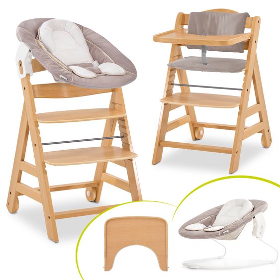 Hauck Alpha Move 5-tlg. Newborn Set - Hochstuhl + Aufsatz & Wippe + Essbrett + Sitzkissen Deluxe - Stretch Beige - Natur