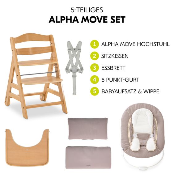 Hauck Alpha Move 5-tlg. Newborn Set - Hochstuhl + Aufsatz & Wippe + Essbrett + Sitzkissen Deluxe - Stretch Beige - Natur