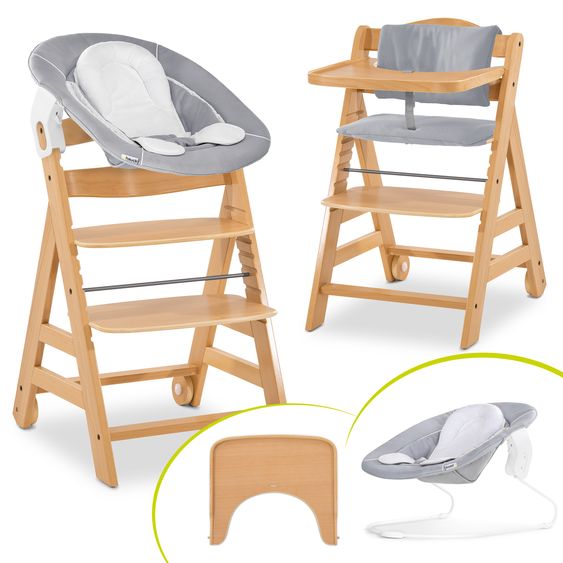 Hauck Alpha Move 5-tlg. Newborn Set - Hochstuhl + Aufsatz & Wippe + Essbrett + Sitzkissen Deluxe - Stretch Grey - Natur