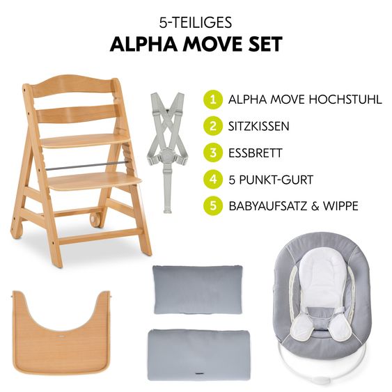 Hauck Alpha Move 5-tlg. Newborn Set - Hochstuhl + Aufsatz & Wippe + Essbrett + Sitzkissen Deluxe - Stretch Grey - Natur