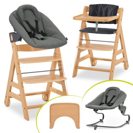 Hauck Alpha Move 5-tlg. Newborn Set - Hochstuhl + Aufsatz & Wippe Premium + Essbrett + Sitzkissen Deluxe - Dark Grey - Natur