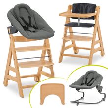 Alpha Move 5-tlg. Newborn Set - Hochstuhl + Aufsatz & Wippe Premium + Essbrett + Sitzkissen Deluxe - Dark Grey - Natur
