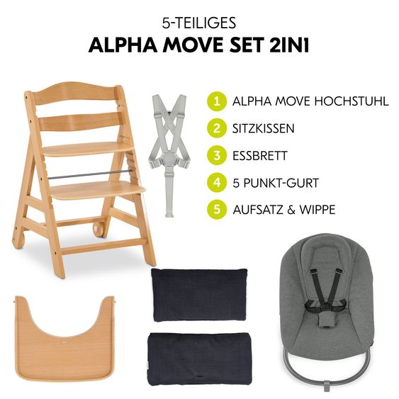 Hauck Alpha Move 5-tlg. Newborn Set - Hochstuhl + Aufsatz & Wippe Premium + Essbrett + Sitzkissen Deluxe - Dark Grey - Natur