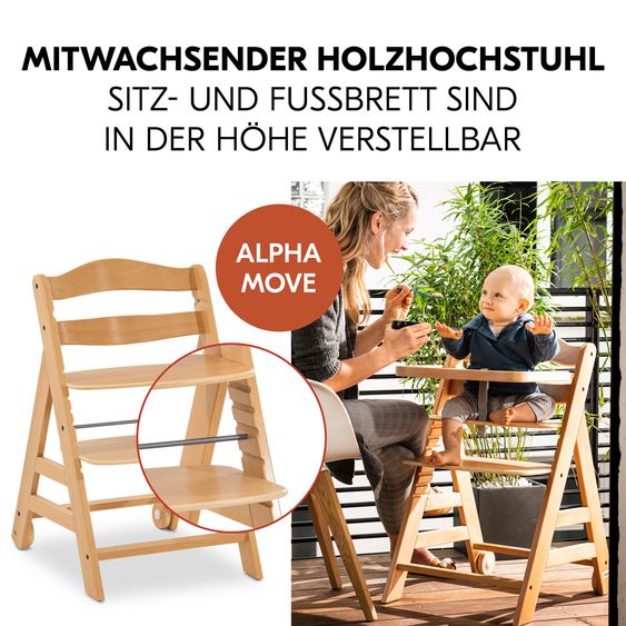 Hauck Alpha Move 5-tlg. Newborn Set - Hochstuhl + Aufsatz & Wippe Premium + Essbrett + Sitzkissen Deluxe - Dark Grey - Natur