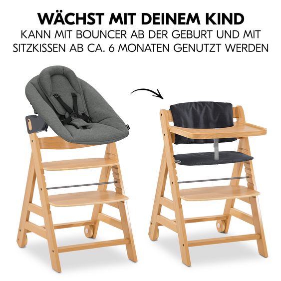 Hauck Alpha Move 5-tlg. Newborn Set - Hochstuhl + Aufsatz & Wippe Premium + Essbrett + Sitzkissen Deluxe - Dark Grey - Natur