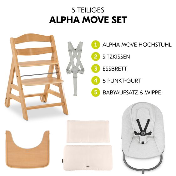 Hauck Alpha Move 5-tlg. Newborn Set - Hochstuhl + Aufsatz & Wippe Premium + Essbrett + Sitzkissen Deluxe - Light Grey - Natur
