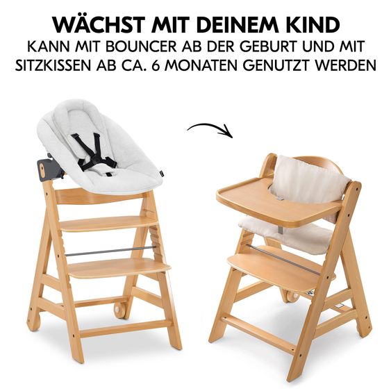 Hauck Alpha Move 5-tlg. Newborn Set - Hochstuhl + Aufsatz & Wippe Premium + Essbrett + Sitzkissen Deluxe - Light Grey - Natur