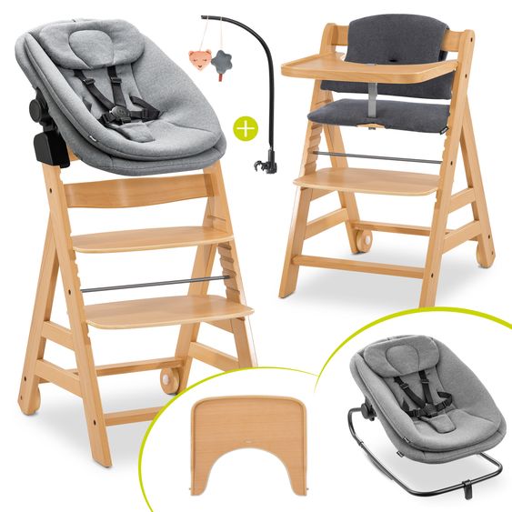 Hauck Alpha Move 6-tlg. Newborn Set - Hochstuhl + Aufsatz & Wippe + Essbrett + Sitzkissen Deluxe + Spielbogen - Dark Grey Melange - Natur
