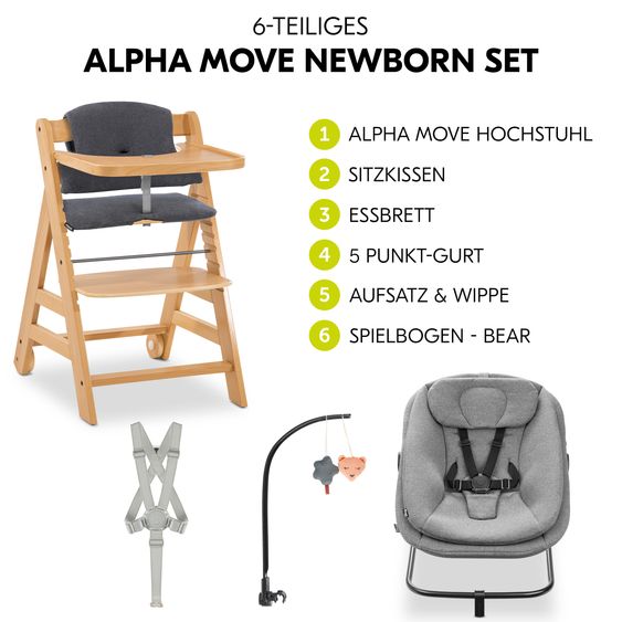 Hauck Alpha Move 6-tlg. Newborn Set - Hochstuhl + Aufsatz & Wippe + Essbrett + Sitzkissen Deluxe + Spielbogen - Dark Grey Melange - Natur