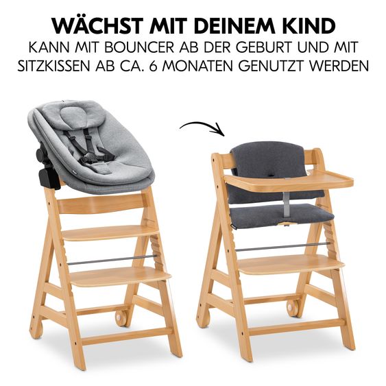 Hauck Alpha Move 6-tlg. Newborn Set - Hochstuhl + Aufsatz & Wippe + Essbrett + Sitzkissen Deluxe + Spielbogen - Dark Grey Melange - Natur