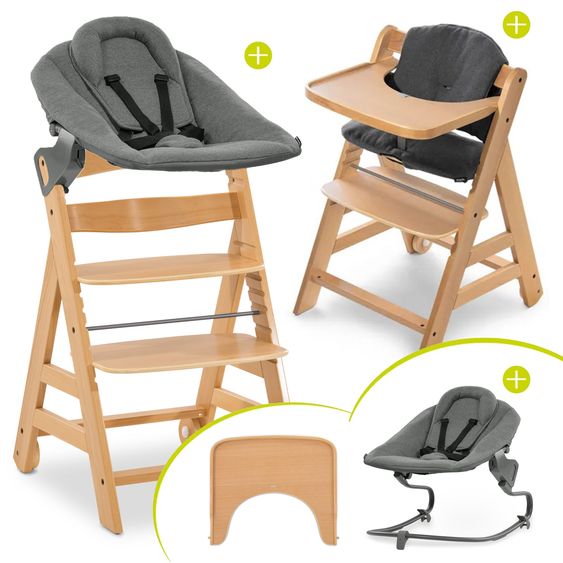 Hauck Alpha Move Natur 5-tlg. Newborn Set - Hochstuhl + 2in1 Neugeborenen-Aufsatz & Wippe + Essbrett + Hochstuhlauflage - Jersey Charcoal