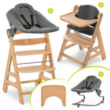 Alpha Move Natur 5-tlg. Newborn Set - Hochstuhl + 2in1 Neugeborenen-Aufsatz & Wippe + Essbrett + Hochstuhlauflage - Jersey Charcoal