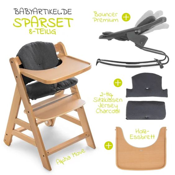 Hauck Alpha Move Natur 5-tlg. Newborn Set - Hochstuhl + 2in1 Neugeborenen-Aufsatz & Wippe + Essbrett + Hochstuhlauflage - Jersey Charcoal