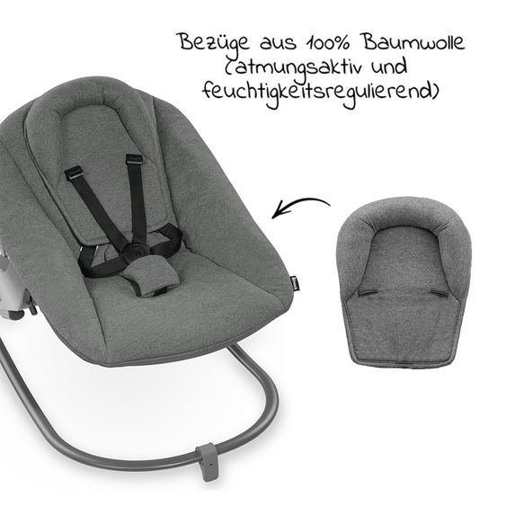 Hauck Alpha Move Natur 5-tlg. Newborn Set - Hochstuhl + 2in1 Neugeborenen-Aufsatz & Wippe + Essbrett + Hochstuhlauflage - Jersey Charcoal