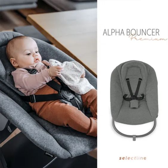 Hauck Alpha Move Natur 5-tlg. Newborn Set - Hochstuhl + 2in1 Neugeborenen-Aufsatz & Wippe + Essbrett + Hochstuhlauflage - Jersey Charcoal