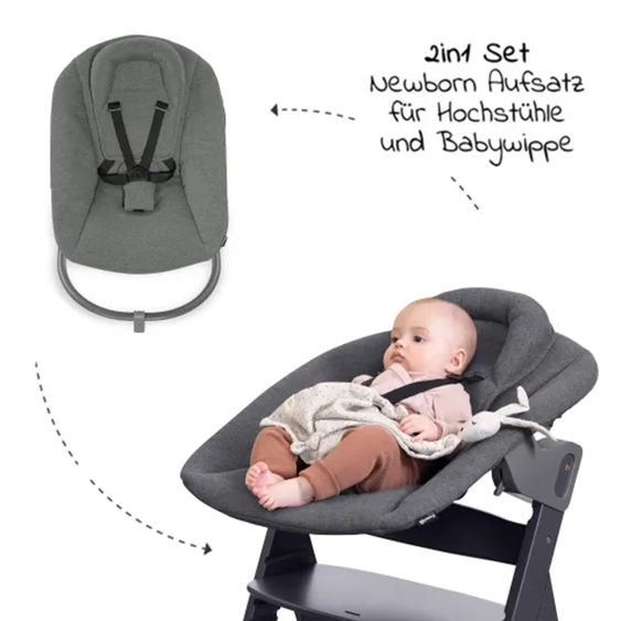 Hauck Alpha Move Natur 5-tlg. Newborn Set - Hochstuhl + 2in1 Neugeborenen-Aufsatz & Wippe + Essbrett + Hochstuhlauflage - Jersey Charcoal