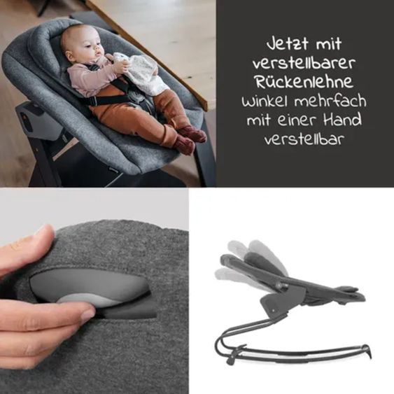 Hauck Alpha Move Natur 5-tlg. Newborn Set - Hochstuhl + 2in1 Neugeborenen-Aufsatz & Wippe + Essbrett + Hochstuhlauflage - Jersey Charcoal